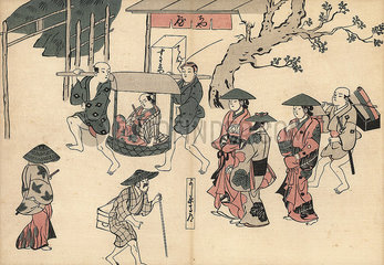 Samurai in a sedan chair  courtesans and tradesmen walking in Yoshiwara.