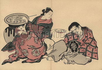 An oiran courtesan plying two shojo with sake from a huge vase.