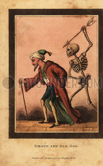 Skeleton of death aiming a dart at an old man on a street.