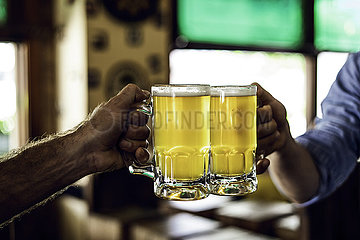 Hands toasting beer mugs