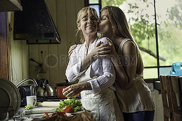 Daughter kissing her mother in kitchen