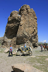 Taikhaar chuluu Felsen in der Mongolei Kamel in der Nationalpark Altai Tawan Bogd in der Mongolei