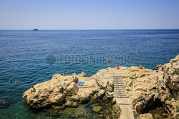 Menschen baden an der Felsenkueste  Hafenstadt Rovinj  Rovinj  Istrien  Kroatien