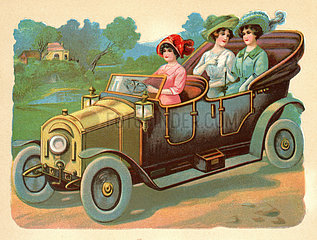 Frauen beim Ausflug  Autofahrt  Poesiebild  1913