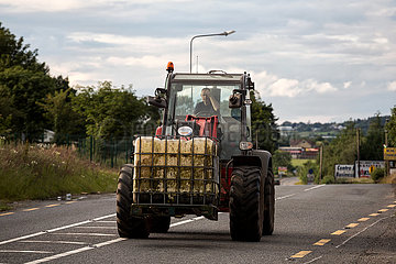 Irland  Dundalk - Landwirt auf dem Trecker auf der Landstrasse an der irischen Grenze