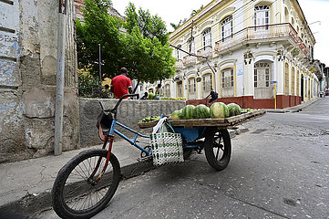 Kuba  Santiago de Cuba- Fahrrad mit Obst und Gemuese am Strassenrand