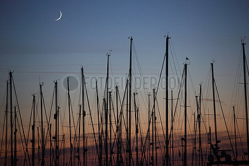 Yarmouth  Grossbritannien  Silhouette von Segelbootmasten am Abend