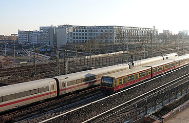 Berlin  Deutschland  ICE und S-Bahn auf freier Strecke am Bahnhof Suedkreuz
