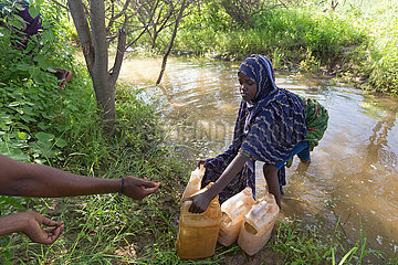 Burferedo  Somali Region  Aethiopien - Maedchen schoepft Wasser aus einem Fluss
