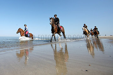 Dierhagen  Deutschland  Frauen reiten mit ihren Pferden am Ostseestrand