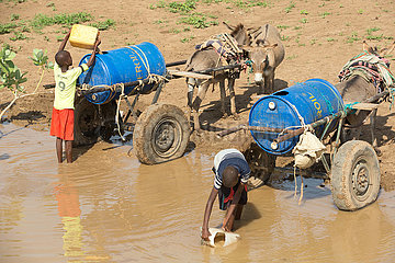 Burferedo  Somali Region  Aethiopien - Jungen schoepfen Wasser aus einer Wasserstelle