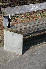 Berlin  Deutschland  leere Bierflasche steht auf einer Parkbank