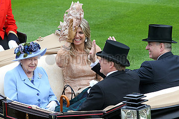 Royal Ascot  Queen Elizabeth the Second arrives with Queen Maxima of the Nederlands  King Willem-Alexander of the Nederlands and Prince Andrew at the parade ring