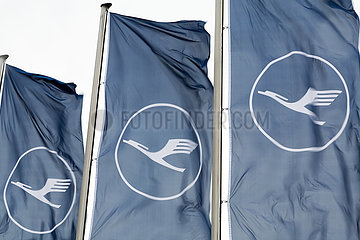 Deutschland  Frankfurt am Main - Fahnen der Lufthansa im Wind am Flughafen Frankfurt
