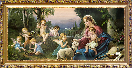 Muttergottes mit Jesuskind und Engelchen  Kitschbild  um 1925