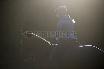Hoppegarten  Pferd und Reiterin bei der Morgenarbeit im Gegenlicht