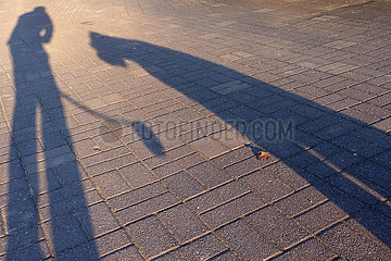 Berlin  Deutschland  Hund und Mensch werfen einen Schatten auf den Asphalt