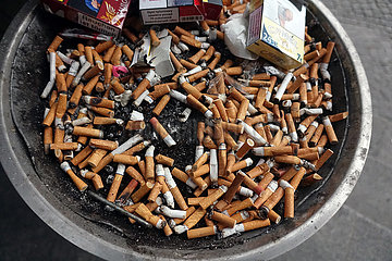 Berlin  Deutschland  Zigarettenstummel und leere Zigarettenschachteln in einem Aschenbecher
