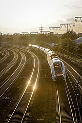 Bahngleise im Gegenlicht der Abendsonne  Essen  Ruhrgebiet  Nordrhein-Westfalen  Deutschland