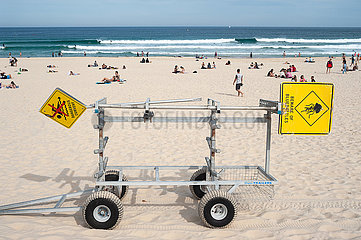 Sydney  Australien  Warnschilder und Menschen am beruehmten Strand von Bondi Beach