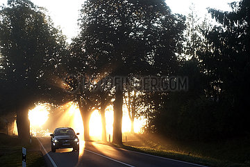 Neu Heinde  Deutschland  PKW faehrt bei Sonnenaufgang auf einer Landstrasse