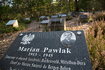 Deutschland  Lohheide - Gedenkstaette Bergen-Belsen  symbolische Graeber zum Gedenken an Opfer des Lagers  hier fuer einen Polen  der 1945 auf einem Todesmarsch nach Bergen-Belsen umkam
