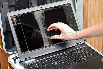 Muenchehofe  Auswertung einer Roentgenaufnahme vom Roehrbein eines Pferdes am Laptop