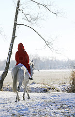Bruchmuehle  Deutschland  Weihnachtsmann reitet auf seinem Pferd durch die Natur