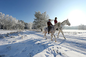 Altlandsberg  junges Paar macht am Valentinstag einen Ausritt in der winterlichen Landschaft