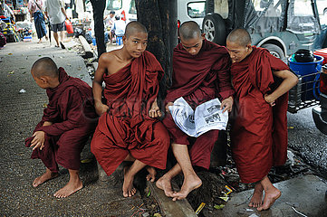 Yangon  Myanmar  Eine Gruppe buddhistischer Moenche liest am Strassenrand Zeitung