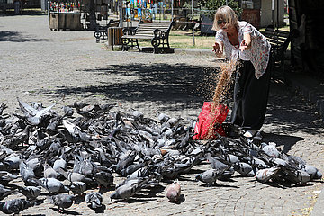 Tiflis  Georgien  Frau fuettert Tauben in der Stadt