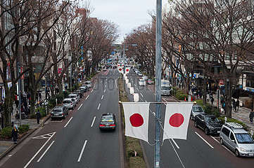 Tokio  Japan  Erhoehter Blick auf eine Einkaufsstrasse im Bezirk Shibuya im Stadtzentrum