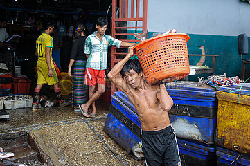 Yangon  Myanmar  Arbeiter traegt auf dem traditionellen Baho San Pya Fischmarkt einen Korb mit Fischen