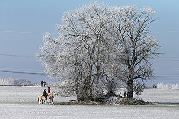 Bruchmuehle  Frauen machen im Winter bei Schnee einen Ausritt