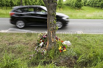 Unfallspuren und Gedenkstätte für ein Verkehrsopfer am Straßenrand