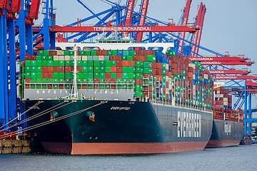 Containerschiff im Hamburger Hafen  Hamburg  Deutschland  Europa