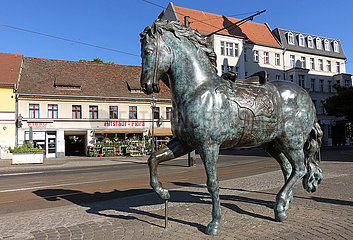Berlin  Deutschland  Bronzepferd der Kunstaktion Wilde Pferde auf dem Schlossplatz Koepenick