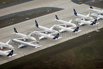Schoenefeld  Deutschland  Auswirkungen der Coronapandemie: Flugzeuge der Lufthansa stehen in Parkposition auf dem Flughafen BER
