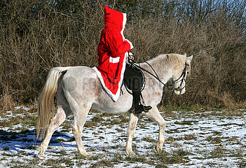 Bruchmuehle  Deutschland  Weihnachtsmann reitet auf seinem Pferd durch die Natur
