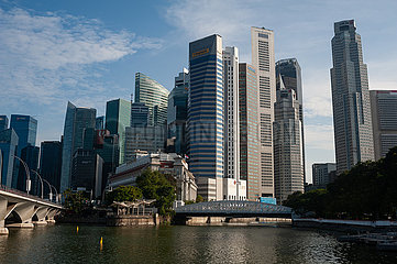 Singapur  Republik Singapur  Skyline des Geschaeftsviertels mit Wolkenkratzern rund um Marina Bay und Raffles Place