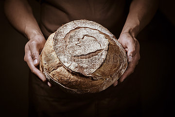 Frankreich  Gironde (33)  Verkäufer  der in seinen Händen einen frischen Kampagnenbrot  Bäckerei  präsentiert