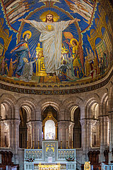 France. Paris (75) 18th Arr. Montmartre  Basilica of the Sacre Coeur. The cul-de-four of the apse is decorated with the largest mosaic in France  covering an area of ??473 m2. Designed by Luc-Olivier Merson and produced from 1918 to 1922  the fresco represents the Sacred Heart of Jesus (surrounded by the Virgin Mary and Saint Michael)