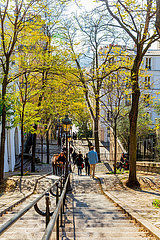 Frankreich. Paris (75) 18. Arr. Montmartre  Rue Chappe ist eine typische Straße von Montmartre. Sie steigt mit vielen Kopfsteinpflaster  Treppen und Nachhall zum Angriff des Butte
