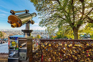 France. Paris (75) 18th Arr  Montmartre  Custom of love padlocks. After the Archeveche and the Arts bridges  crumbling under the padlocks  Montmartre also finds itself confronted with these invasive metal oaths  hung for years by couples in love.