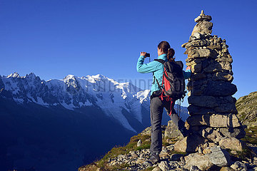 France  Haute savoie ( 74 )  Chamonix  trek in Aiguilles Rouges mountains  on the back the Mont Blanc  MR