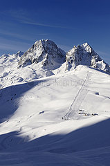 France  Haute-Savoie (74) Chamonix valley  Balme ski area  view on the Aiguilles Rouges mountains  Aiguillette skilift and the top of Aiguillette mountain  Chalets de Balme