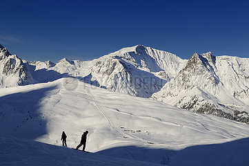 France  Haute-Savoie (74) Chamonix valley  Balme ski area  view on the Aiguilles Rouges mountains  Aiguillette skilift and the top of Aiguillette mountain  Chalets de Balme