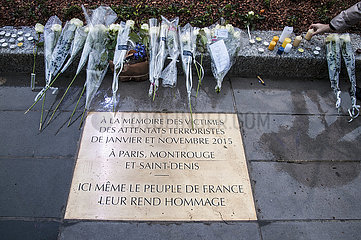Frankreich. Paris. Republic Square  2016-01-10: Tag erinnert und Hommagen an die Erinnerung an Opfer von Terroranschlägen in Paris im Januar 2015. Plakette am Fuße der Eiche erinnern