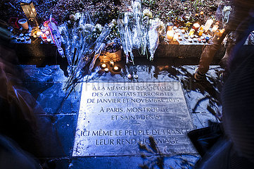 Frankreich. Paris. Republic Square  2016-01-10: Tag erinnert und Hommagen an die Erinnerung an Opfer von Terroranschlägen in Paris im Januar 2015. Plakette am Fuße der Gedenkage  die in Erinnerung an die Opfer gepflanzt wurde