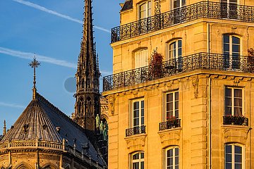 Frankreich  Paris (75) (4. Arrondissement)  Ile de la Cite. Haussmannische Gebäudefassade bei Sonnenuntergang und den Turm von Notre Dame de Paris